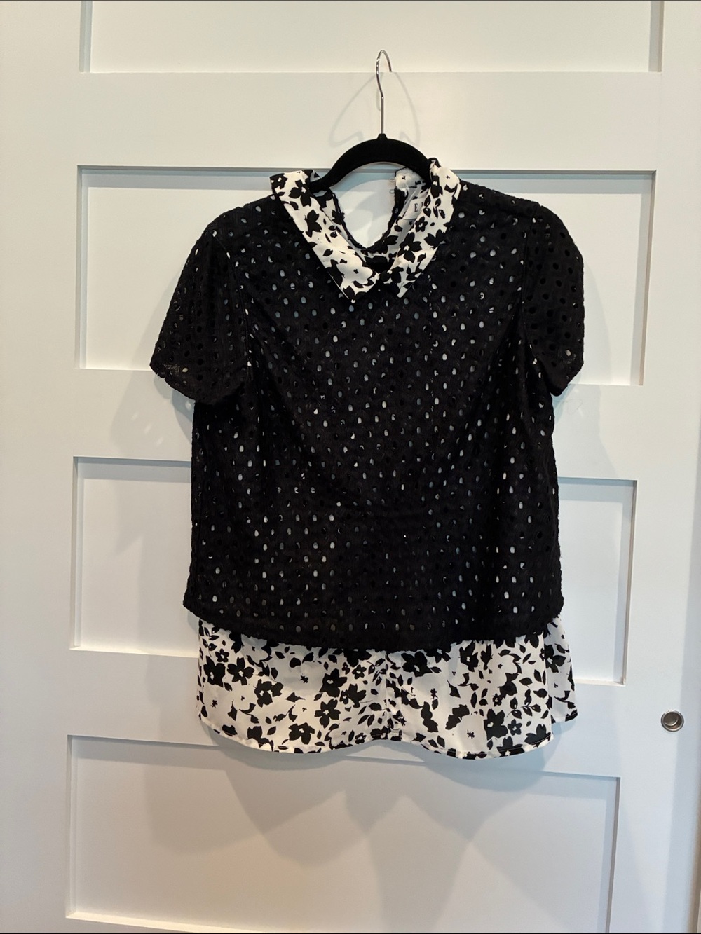 Elle Black Eyelet Layered Blouse with White Floral Collar